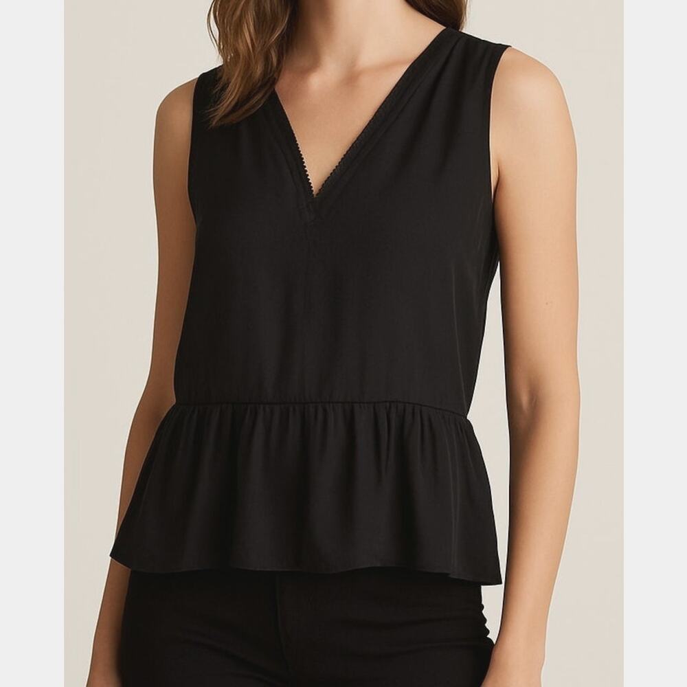 Robert Rodriguez Silk Lace Trim V-Neck Blouse Size 4 Black Peplum Quiet Luxury